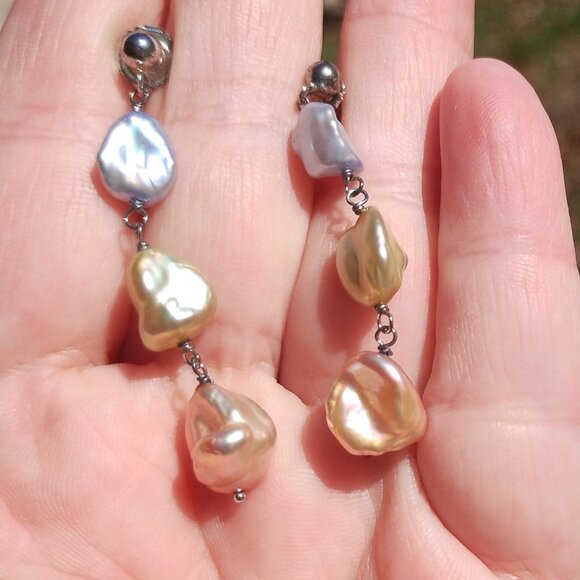 Honora Keshi freshwater Pearl earrings Pastel yellow rose colors 925 Sterling Si - Picture 5 of 7